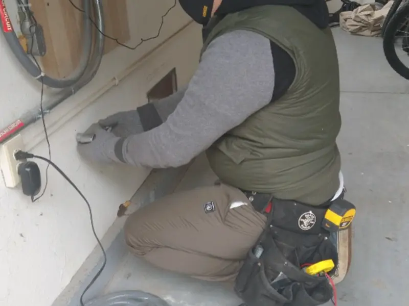 Electrician performing outlet wiring in a Seabrook garage